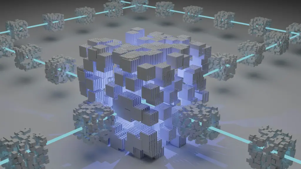 3D digital network of interconnected cubes representing secure server infrastructure and data routing