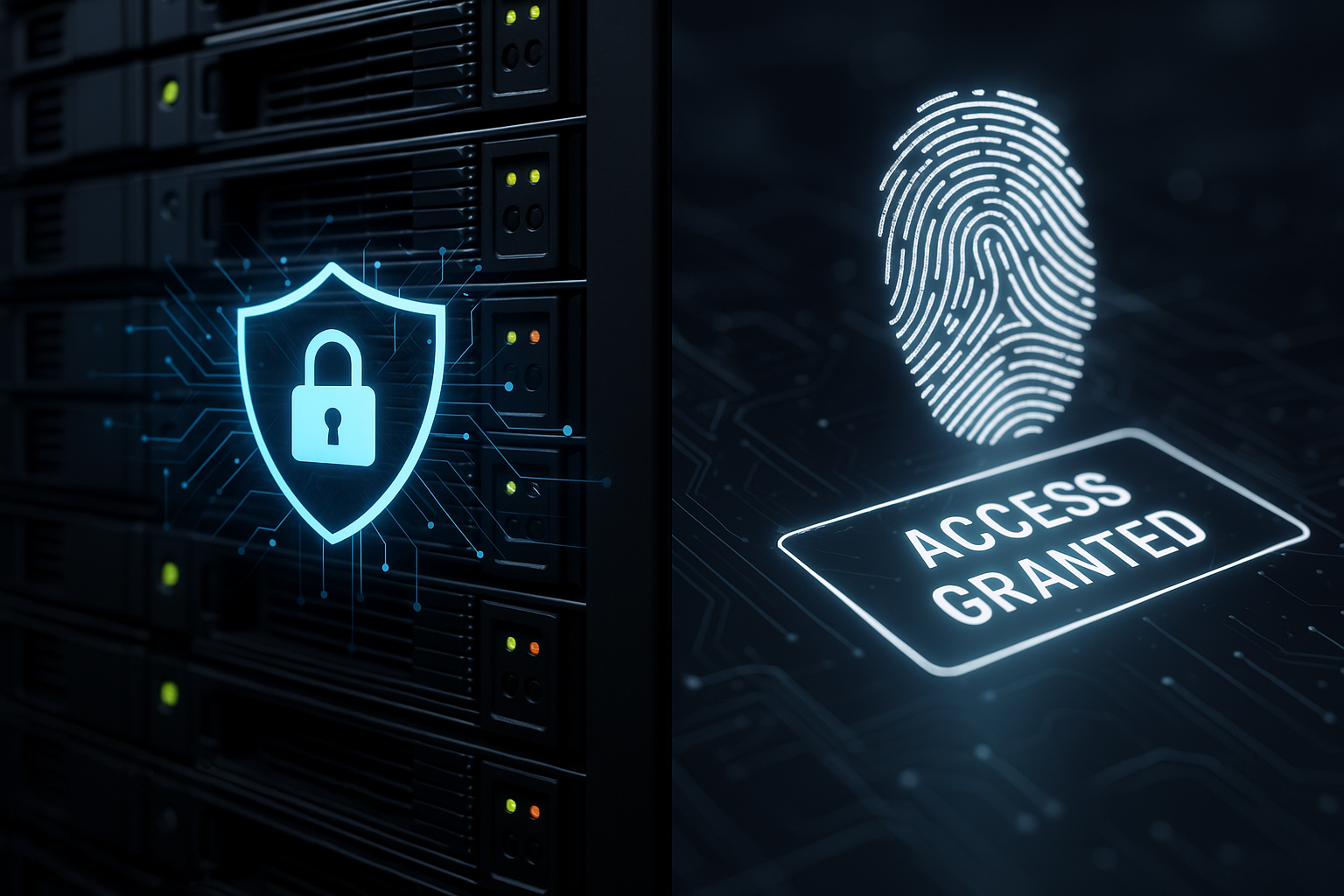Laptop screen showing server security shield and fingerprint access granted