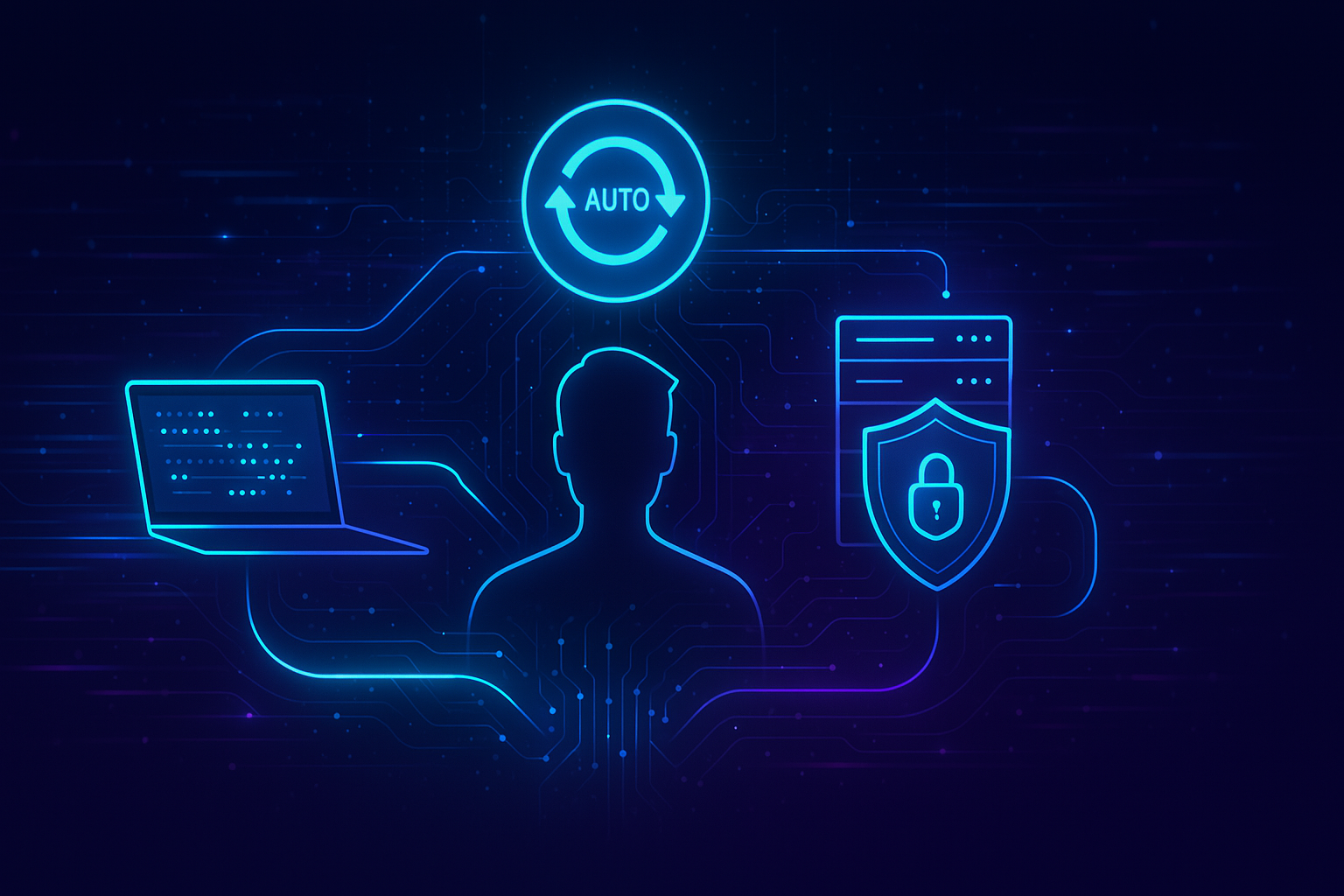 Laptop screen showing automated secure data sync with user, server, and shield icons