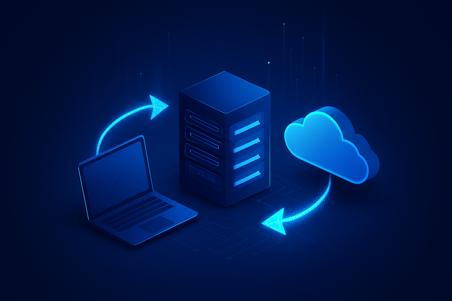 Laptop screen displaying data flow between device, server, and cloud symbolizing VPS connectivity