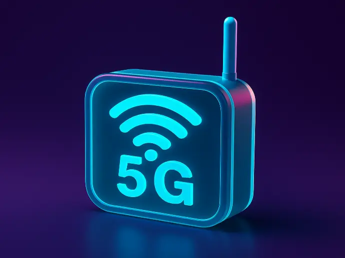 3D icon of 5G WiFi router on dark background representing mobile travel router with private APN