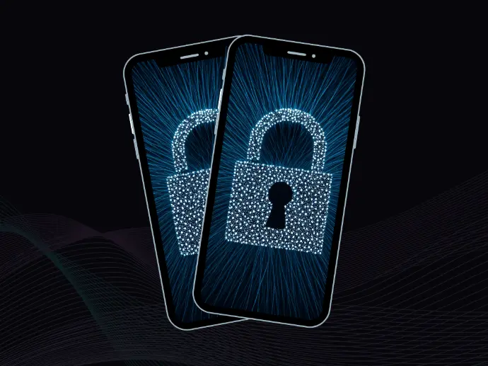 Two smartphones with digital lock graphics symbolizing ultra-secure encrypted voice and data communication