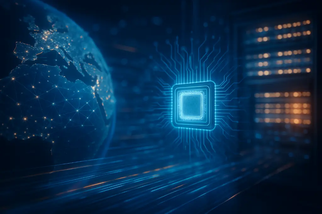 Glowing processor chip with global data connections, symbolizing ORCA's centralized computing and command infrastructure