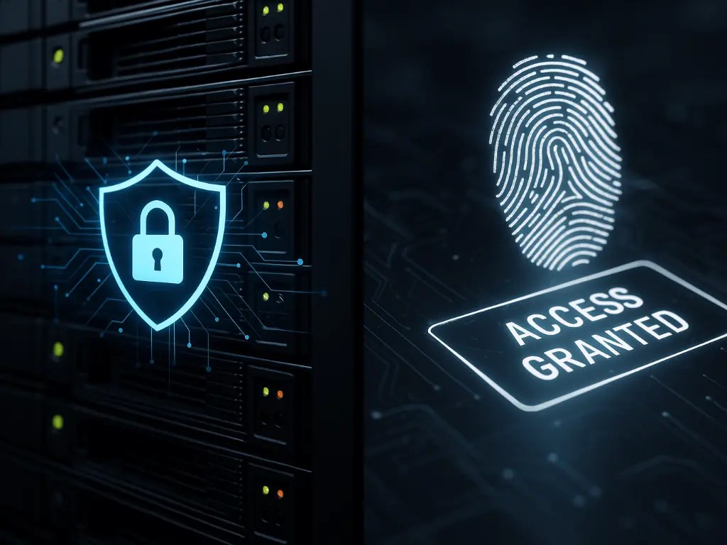 Server rack with shield icon, representing secure enterprise router with SDN and PQC