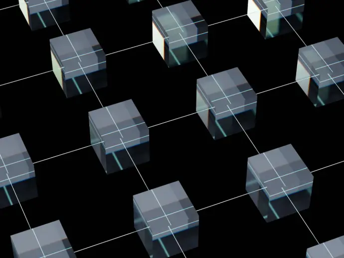 3D cubes connected in a network grid, representing Entropya's software defined network with PQC encryption