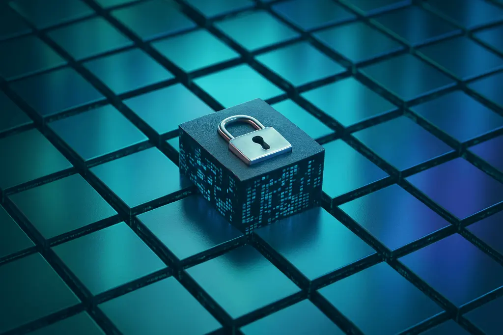 Cube with padlock icon on digital grid representing encrypted VPN infrastructure
